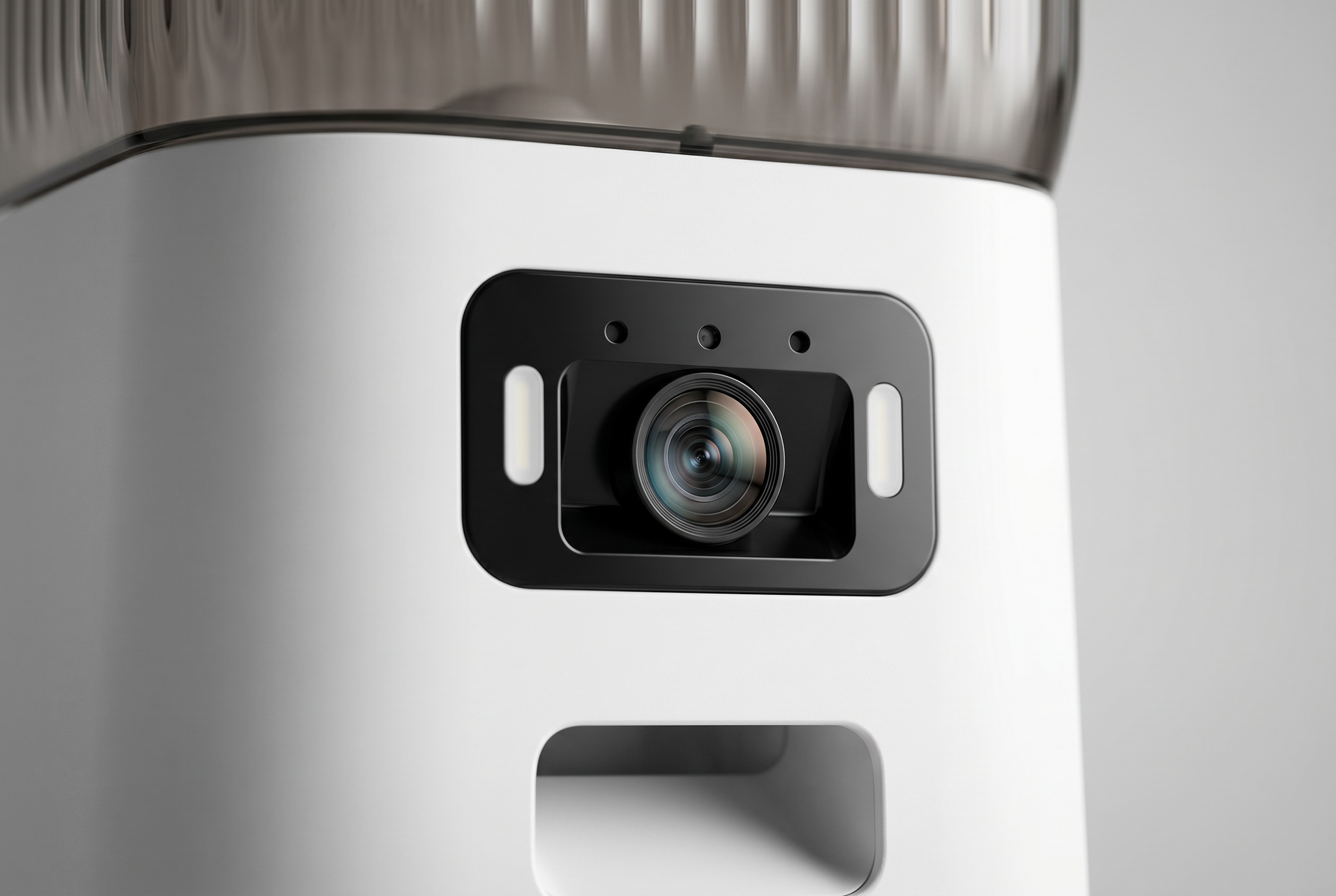 Close up of the built-in wide angle camera and LED lights on the smart pet feeder