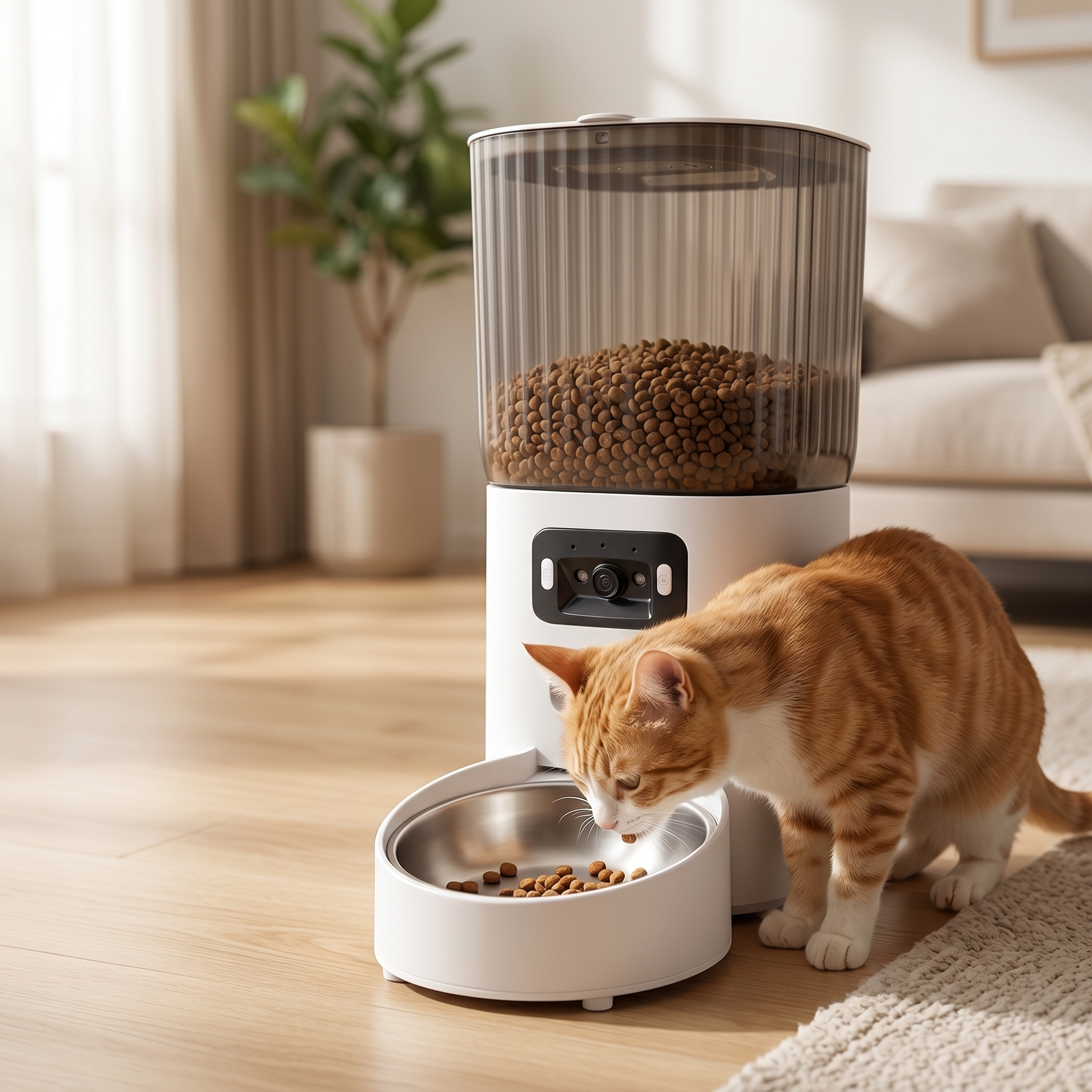 Ginger cat eating kibble from the smart pet feeder bowl in a bright living room