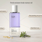 Body essence oil infographic listing botanical extracts, fast absorbing non greasy, fresh floral scent and 150 ml