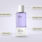 Body essence oil parts breakdown showing matte white cap, lavender essence layer, clear oil layer, clear glass bottle and 150 ml size