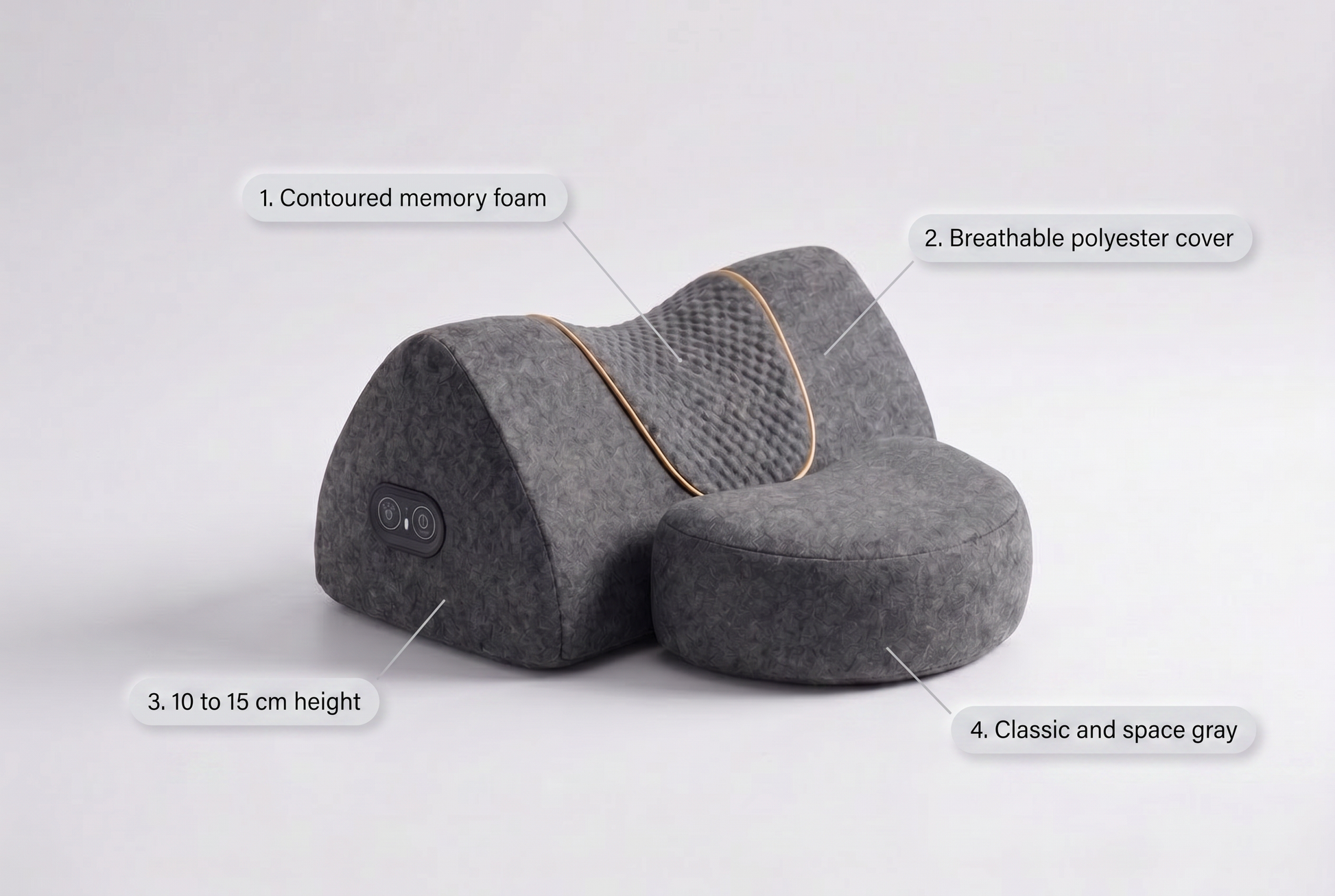 Neck support pillow features, contoured memory foam, breathable polyester cover, 10 to 15 cm height, classic and space gray