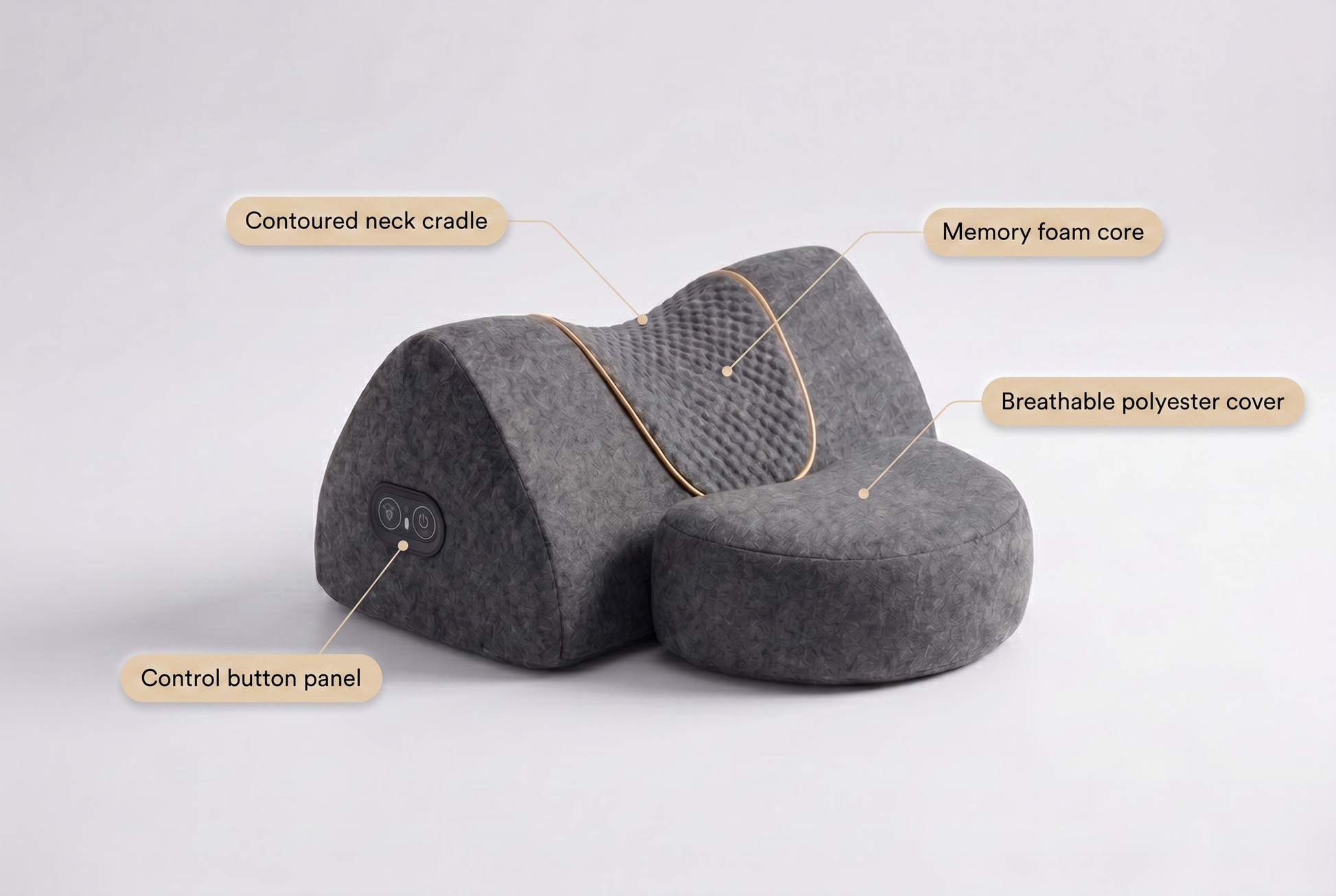 Neck support pillow parts, contoured neck cradle, memory foam core, breathable polyester cover, control button panel