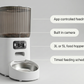 Smart pet feeder features showing app controlled feeding, built in camera, 3L or 5L hopper and timed feeding schedules