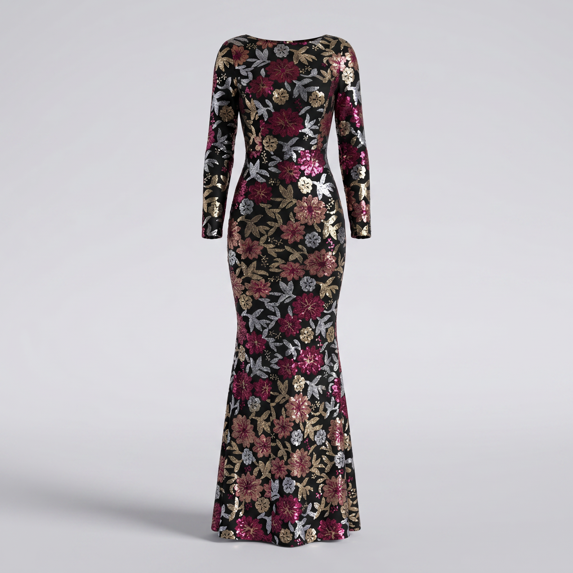 Black floral sequin long sleeve evening gown studio hero, full length mermaid silhouette