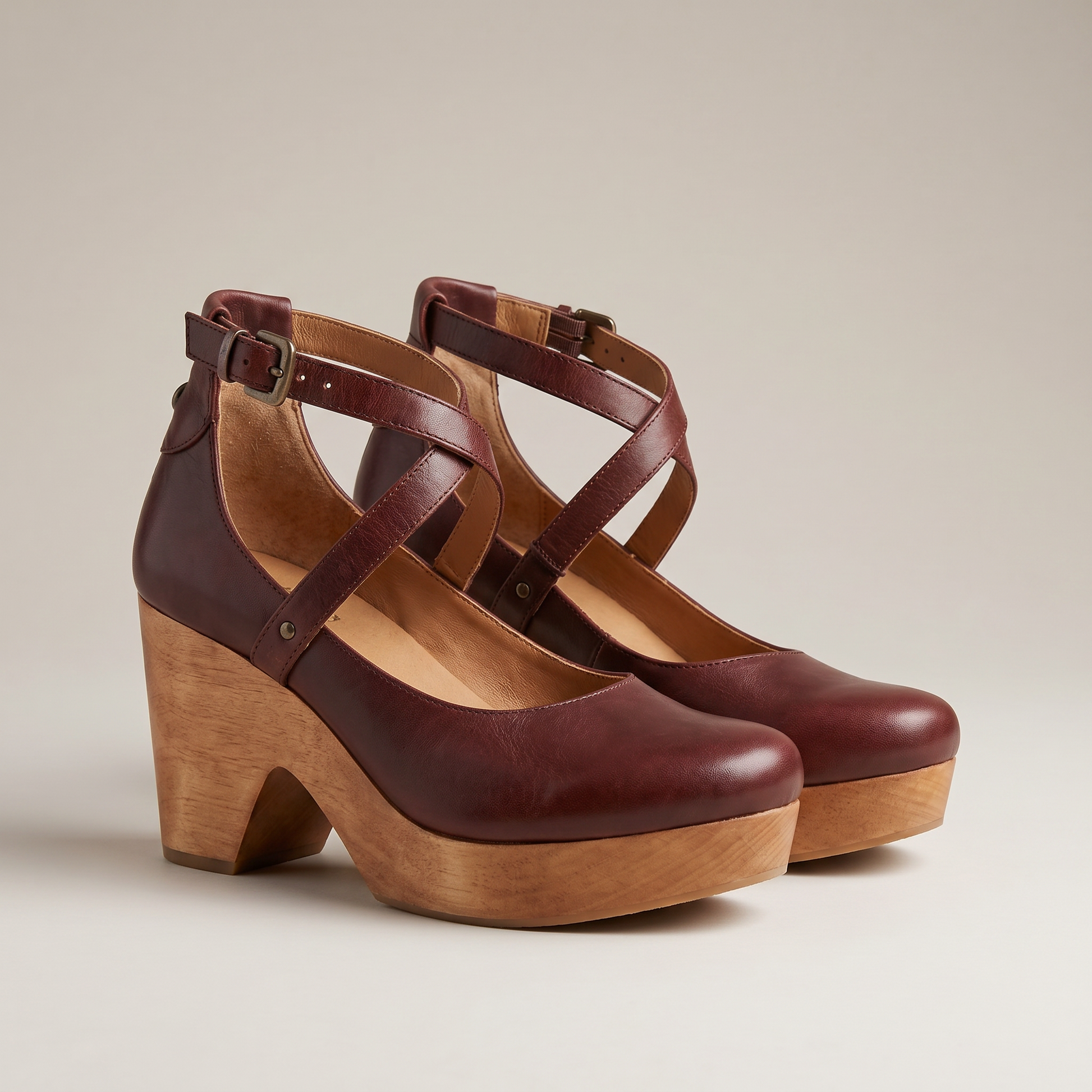 Women's burgundy red cross strap chunky wooden heel pump sandals shown as a pair