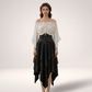 Renaissance patchwork three piece costume set, white off shoulder blouse, black lace up corset and black asymmetrical pointed hem skirt on model