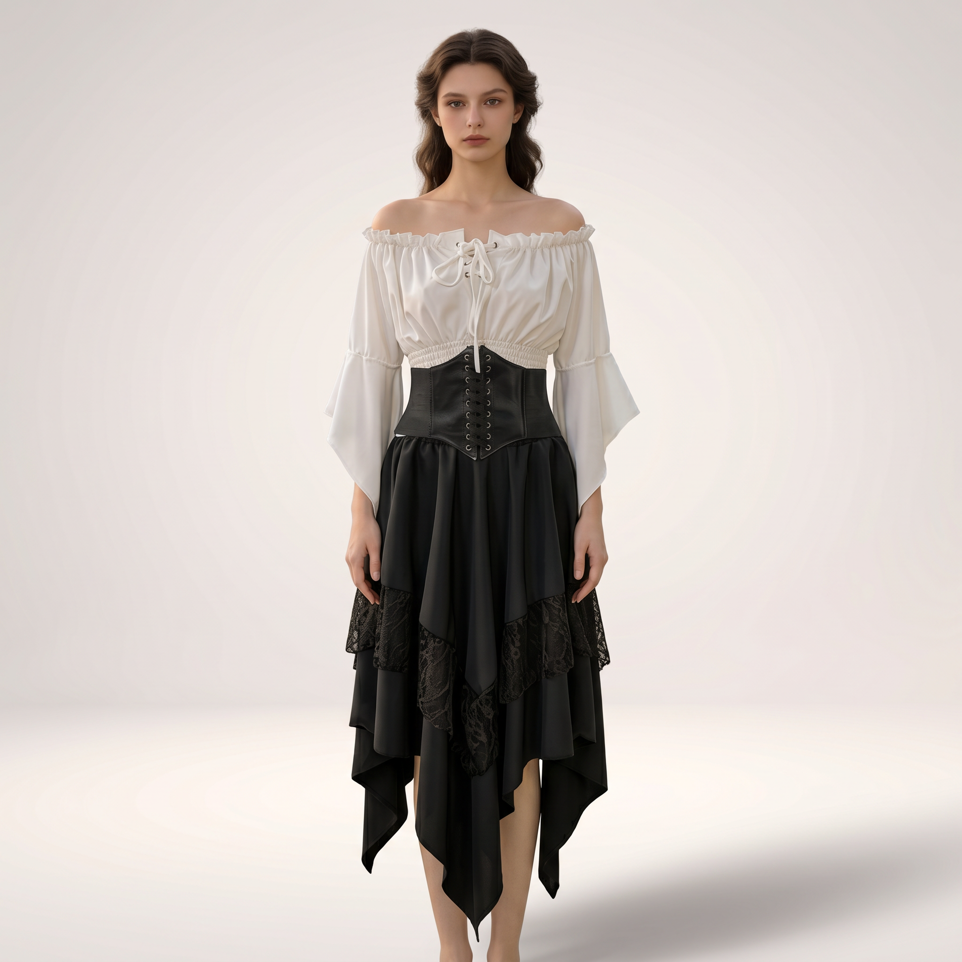 Renaissance patchwork three piece costume set, white off shoulder blouse, black lace up corset and black asymmetrical pointed hem skirt on model