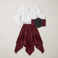 Three piece Renaissance set flat lay in wine red, white peasant blouse, lace up corset and asymmetrical pointed hem skirt with lace trim