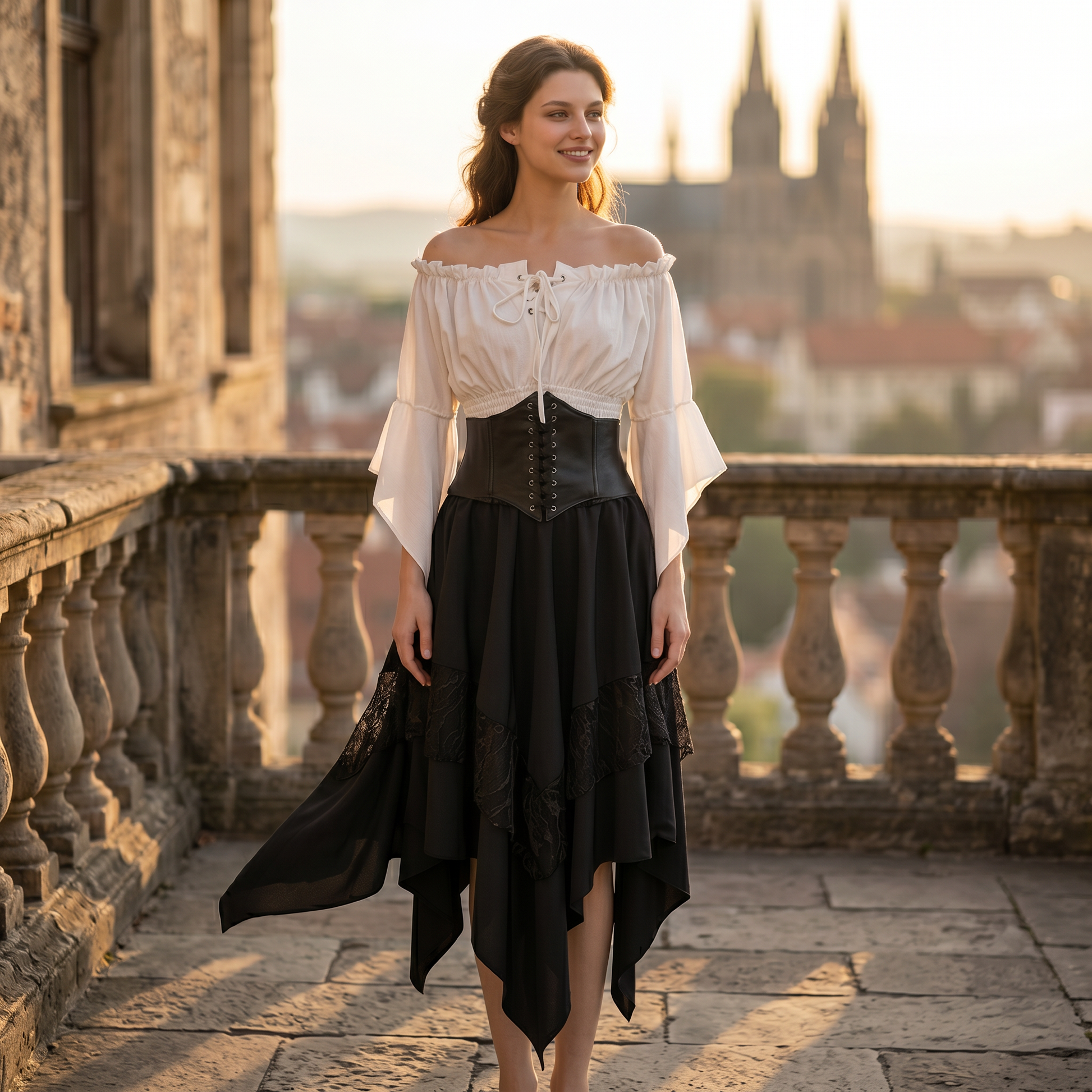 Woman wearing the Renaissance patchwork set on a stone castle terrace at golden hour
