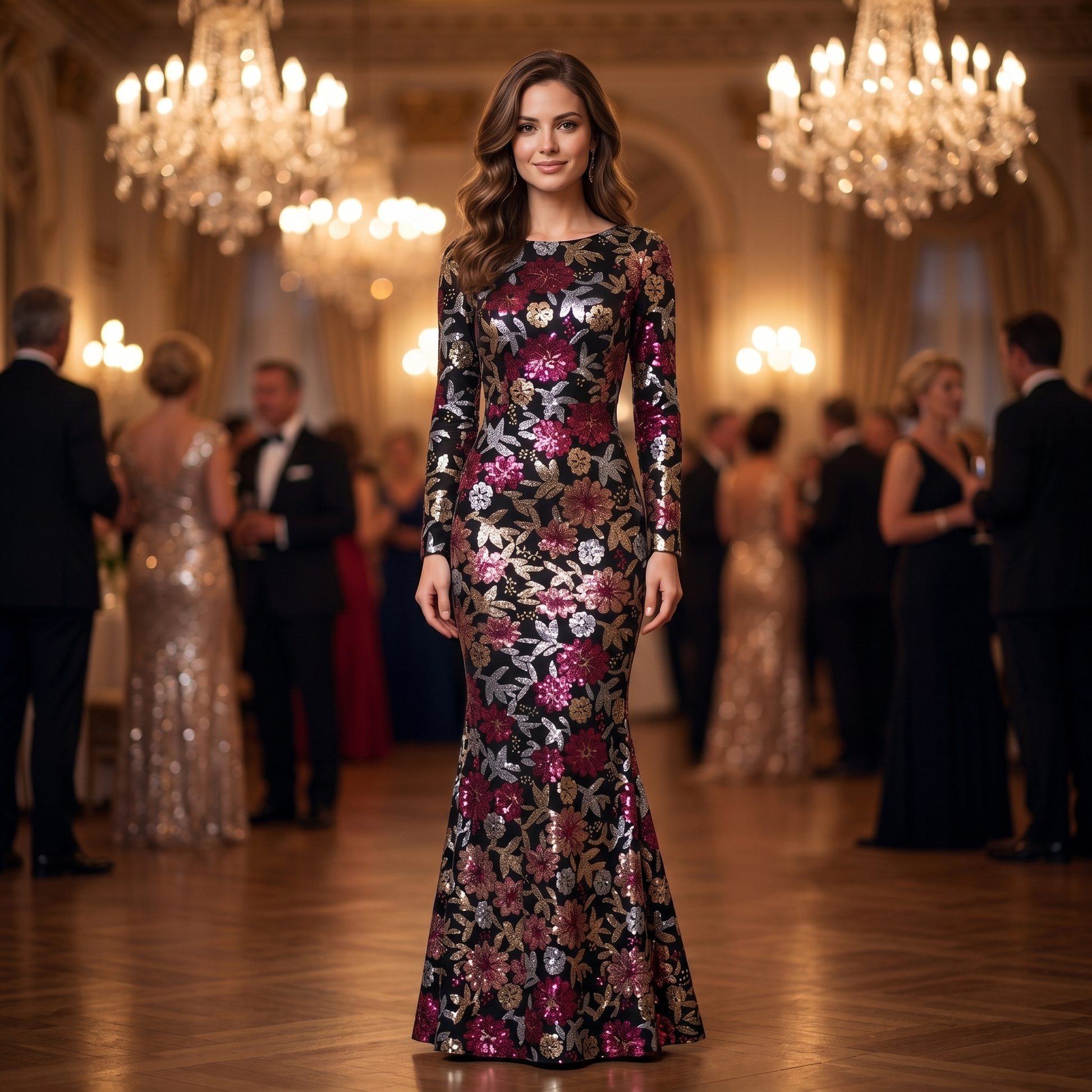 Woman wearing the black floral sequin long sleeve evening gown at an evening gala