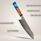 Feature breakdown of the Damascus chef knife labelling its blade, edge, collar, pin and handle
