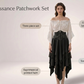 Renaissance patchwork set features, three piece set, off shoulder lace up blouse, asymmetrical pointed hem, sizes S to 3XL