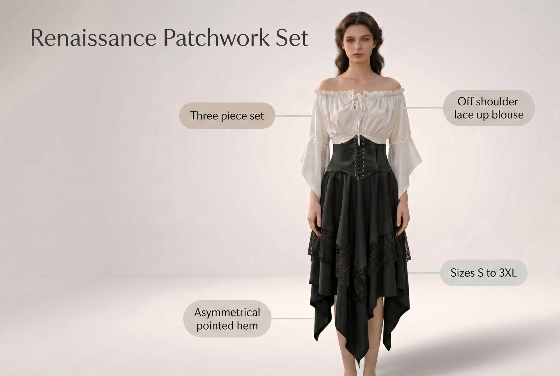 Renaissance patchwork set features, three piece set, off shoulder lace up blouse, asymmetrical pointed hem, sizes S to 3XL