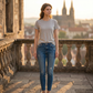 Same castle terrace, woman in a plain everyday t shirt and jeans before wearing the Renaissance set