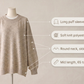 Knitted sweater feature overview, long puff sleeves, soft knit polyester, round neck and side slit, mid length 65 to 80 cm