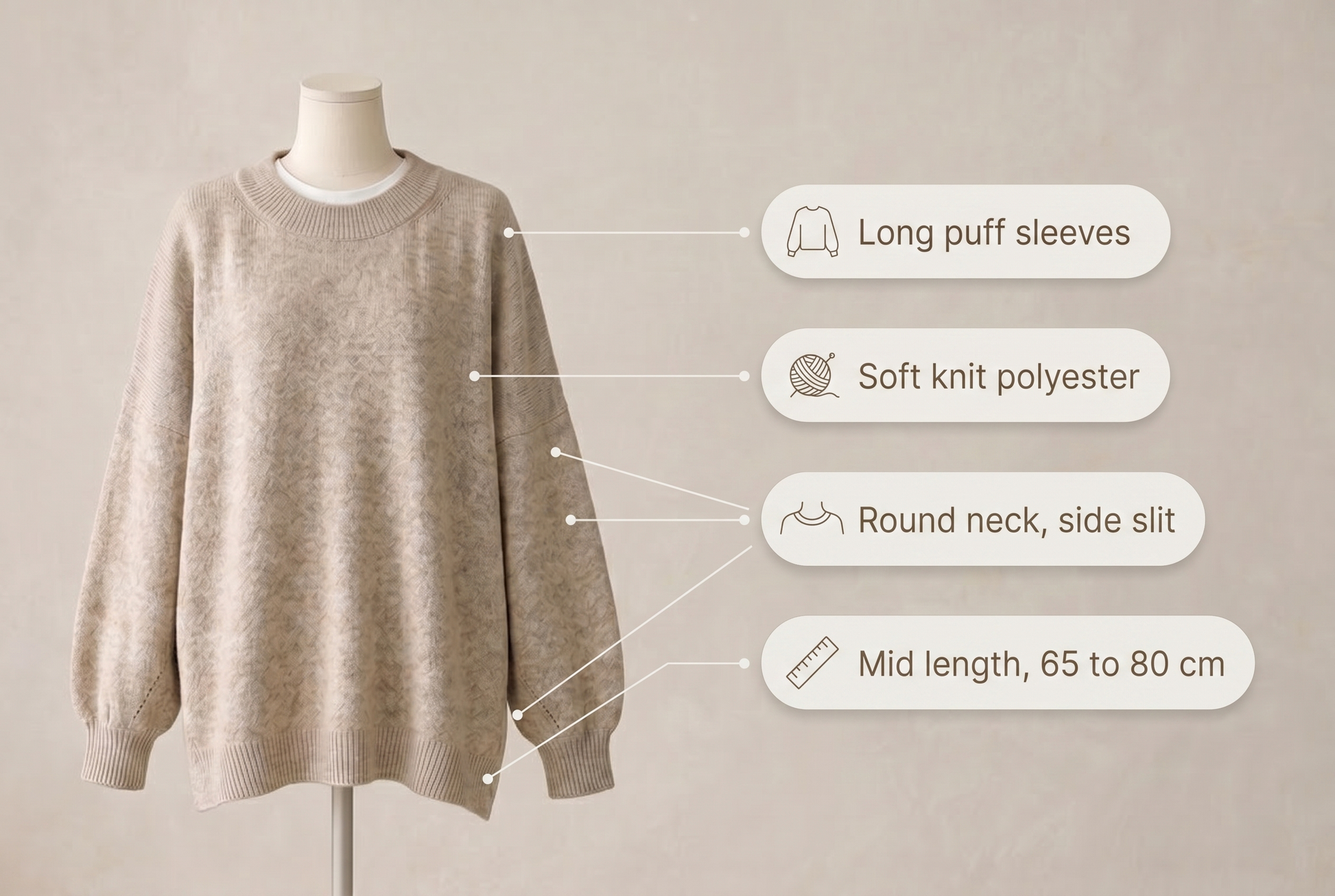 Knitted sweater feature overview, long puff sleeves, soft knit polyester, round neck and side slit, mid length 65 to 80 cm