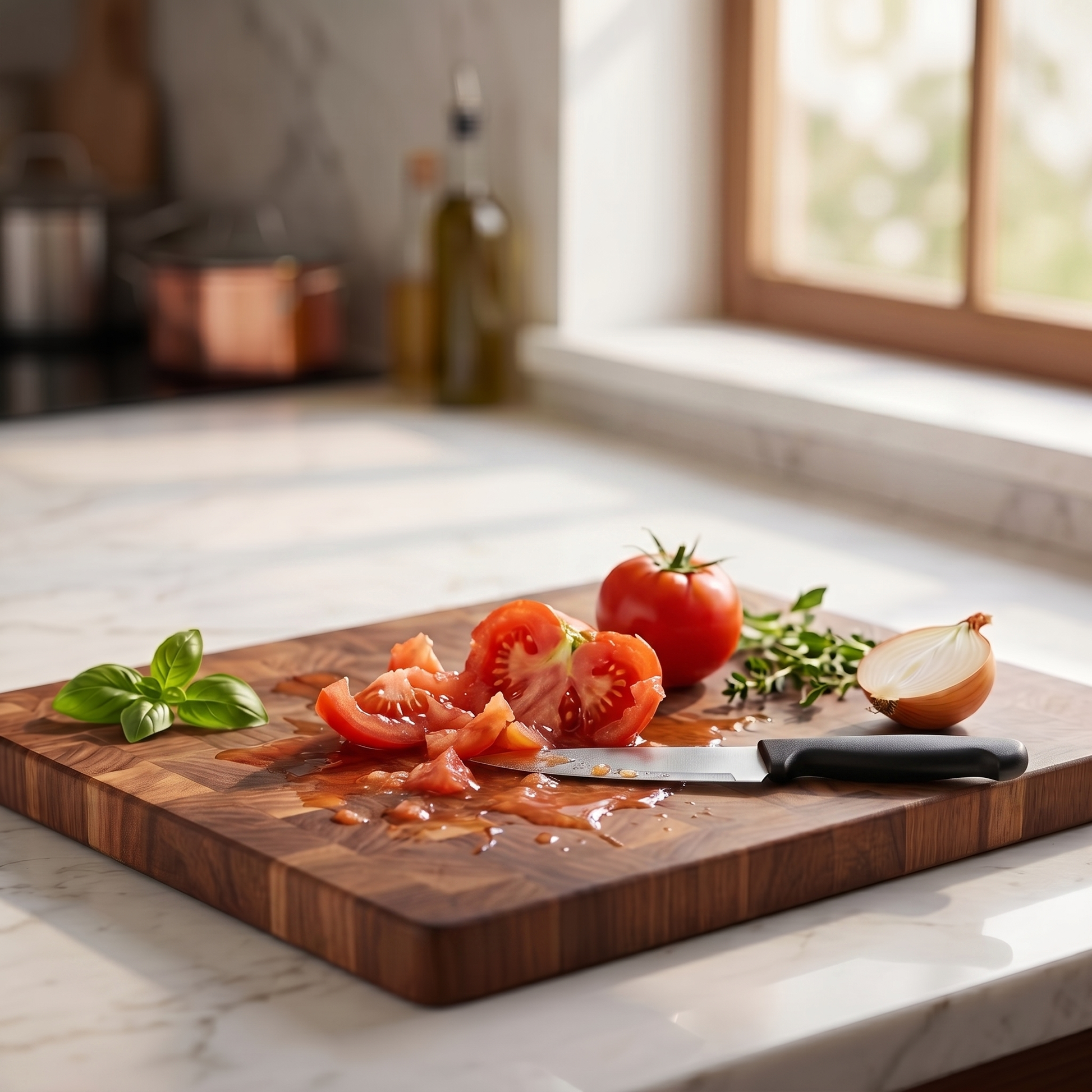 An ordinary dull knife leaving a crushed torn tomato on the same wooden board