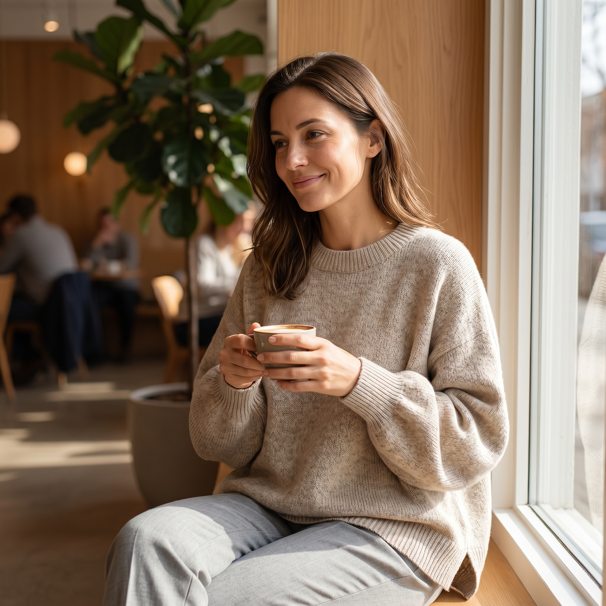 Woman relaxing at a cafe wearing the oatmeal knitted puff sleeve sweater