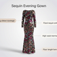 Sequin evening gown features, long sleeve coverage, floral sequin embroidery, high waist mermaid fit, floor length hem