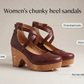 Women's chunky heel sandals with callouts for chunky block heel, cross strap buckle, non slip rubber sole and sizes 34 to 43
