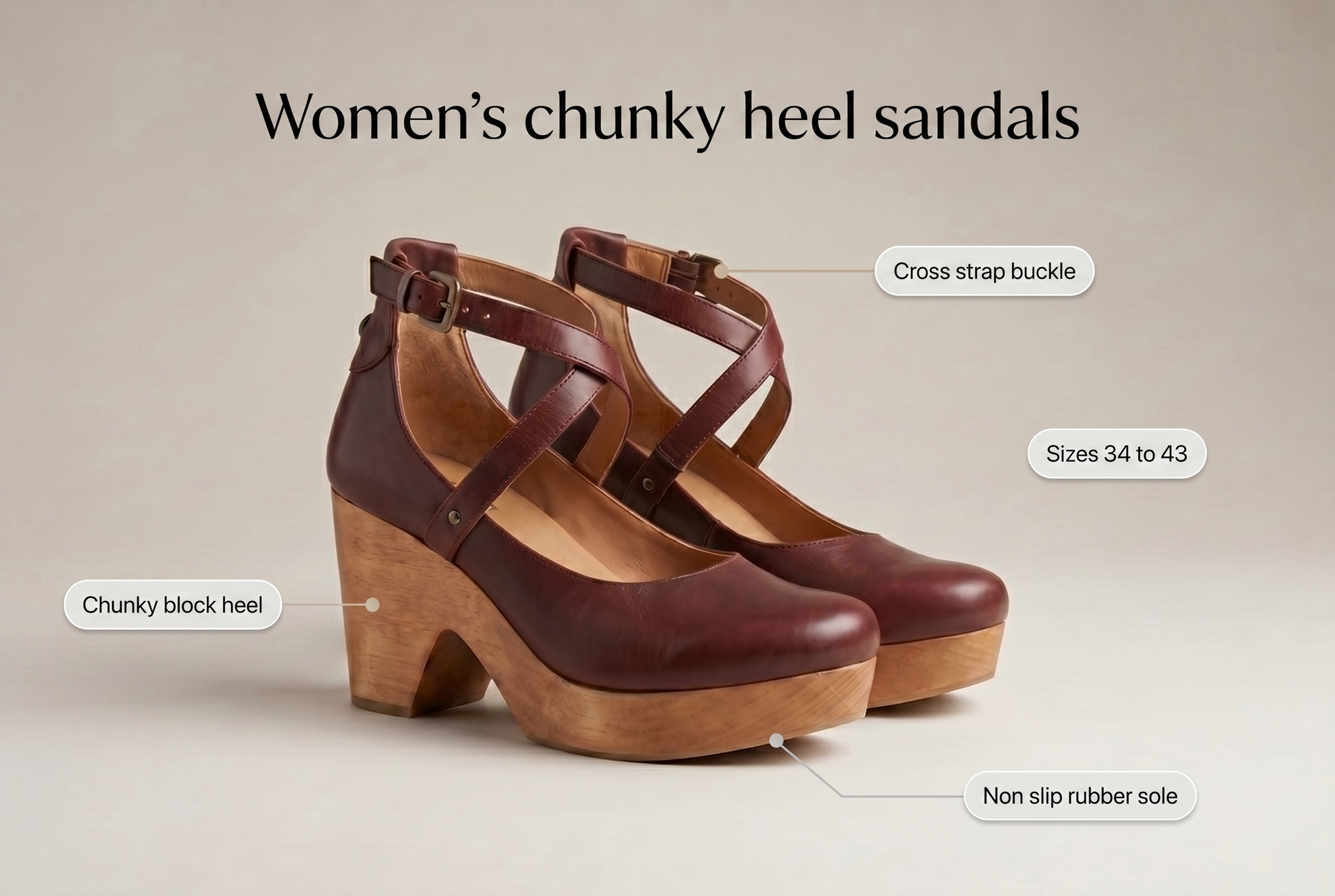 Women's chunky heel sandals with callouts for chunky block heel, cross strap buckle, non slip rubber sole and sizes 34 to 43
