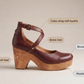 Labeled breakdown of the sandal parts round closed toe, cross strap with buckle, brass rivet, wooden platform and chunky block heel