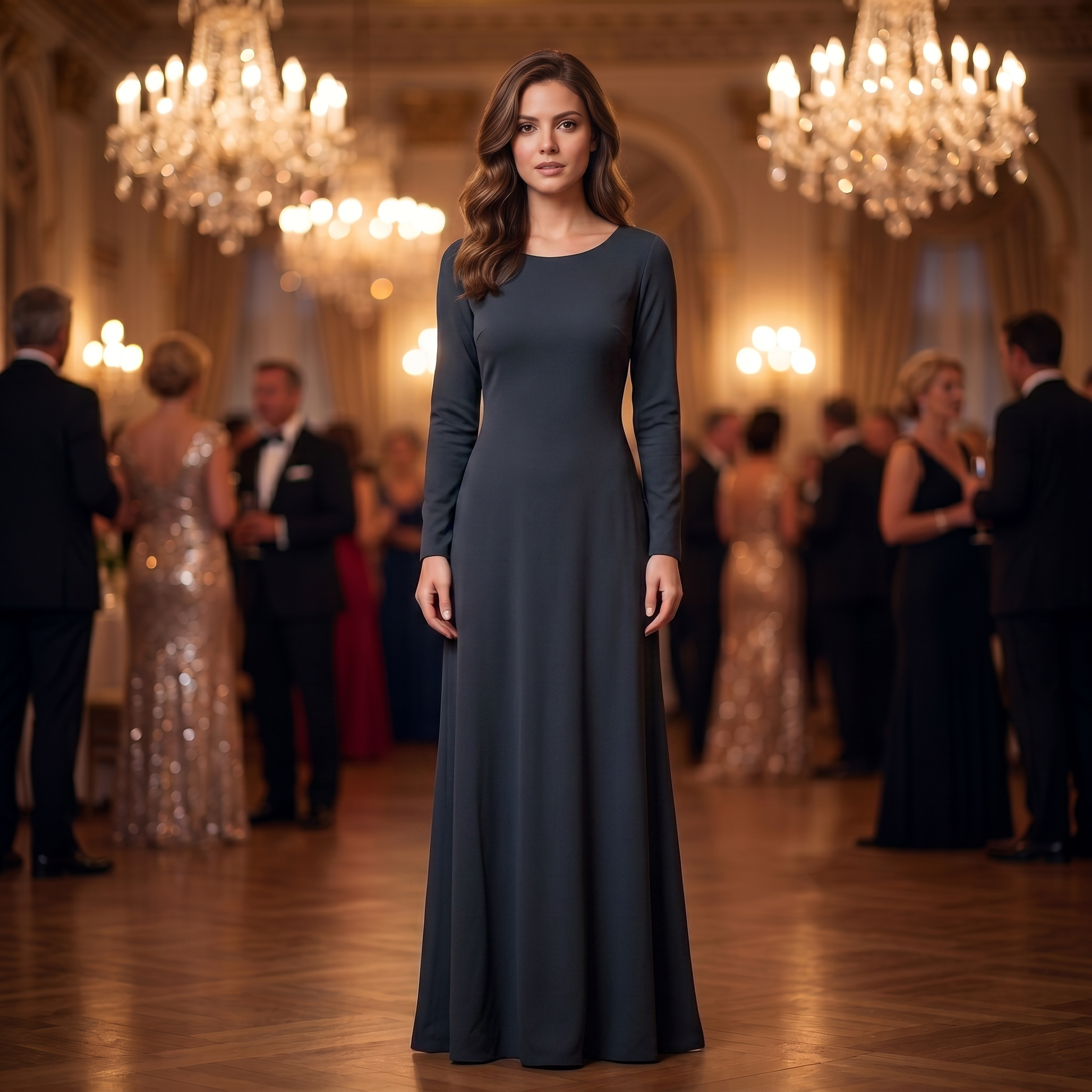 Same evening event in a plain dark dress before the sequin evening gown