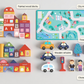 Building set components painted wood blocks, city map base plate, wooden vehicles, trees and traffic light, character figures