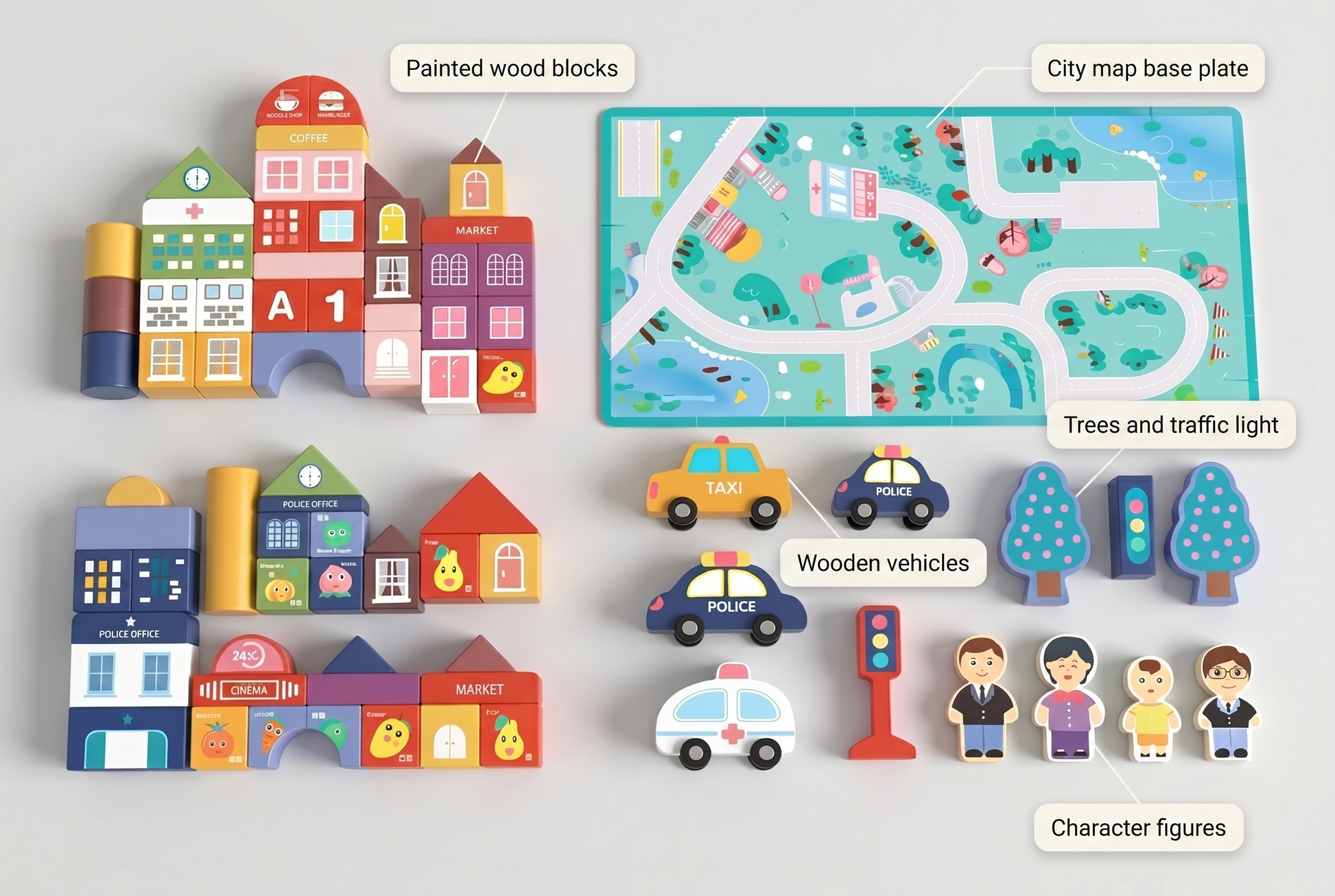 Building set components painted wood blocks, city map base plate, wooden vehicles, trees and traffic light, character figures