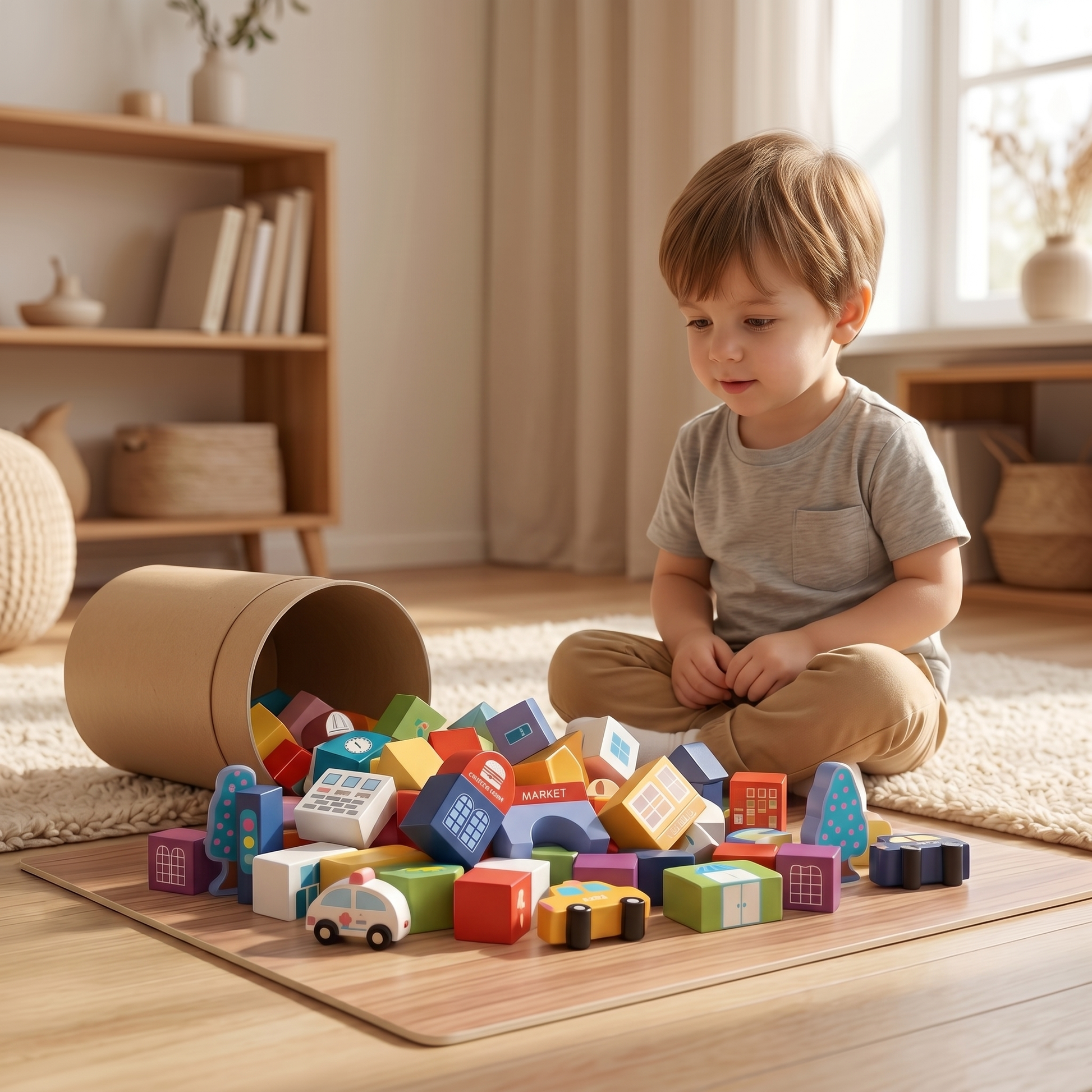 Wooden blocks tipped out of the storage barrel in a loose pile before the child starts building