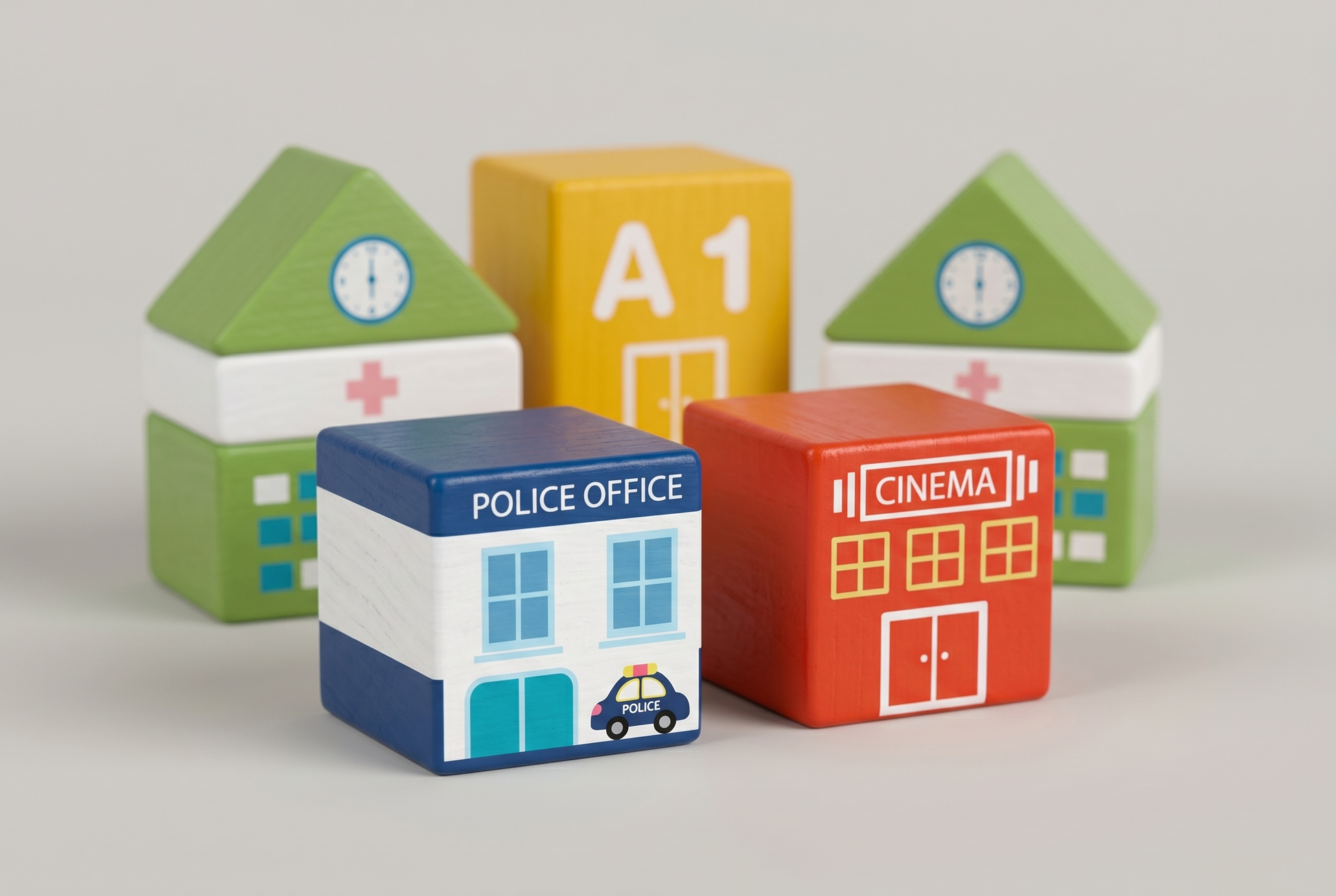 Close up of the chunky painted solid wood building blocks showing the printed building details