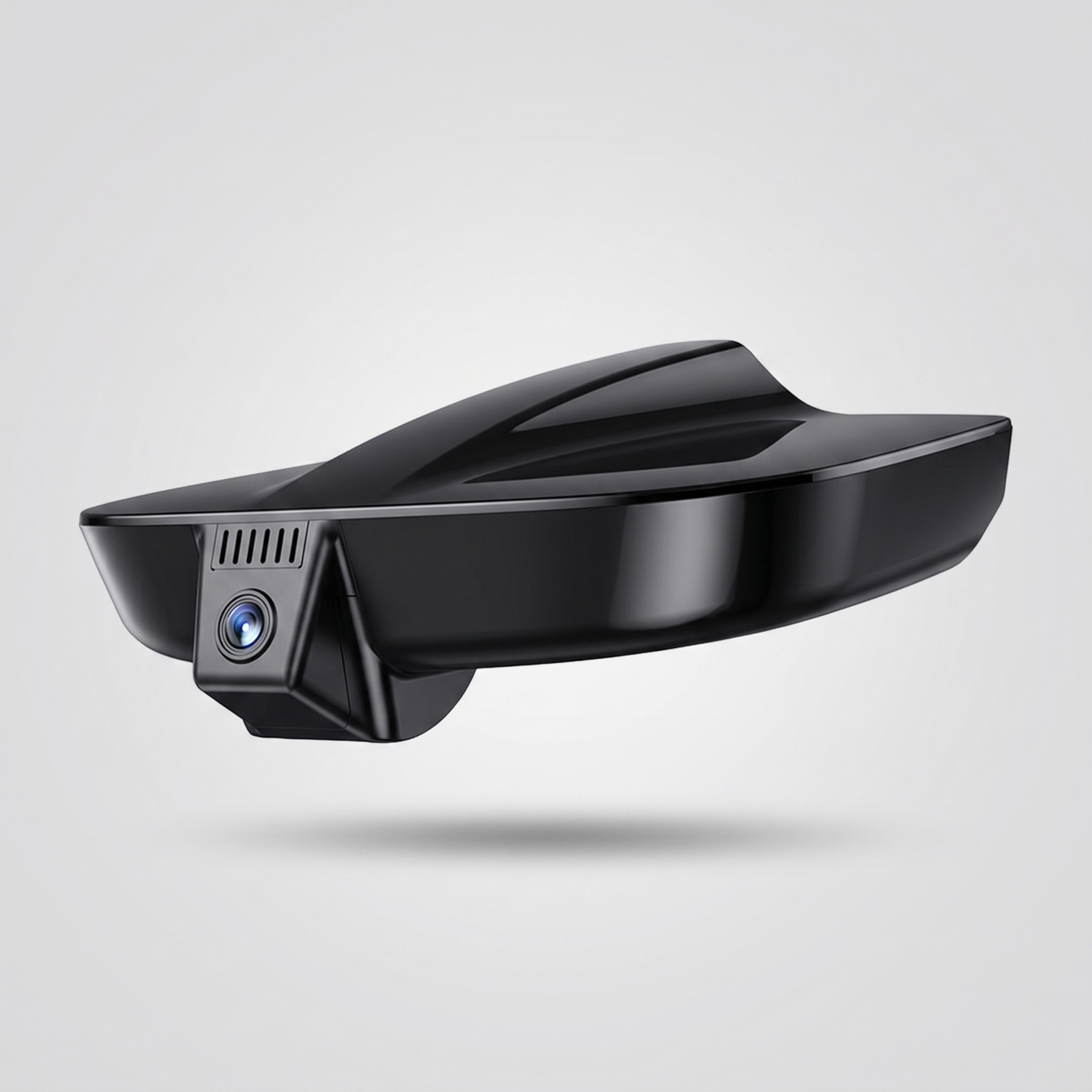 4K dash camera glossy black body with blue tinted lens on neutral studio background