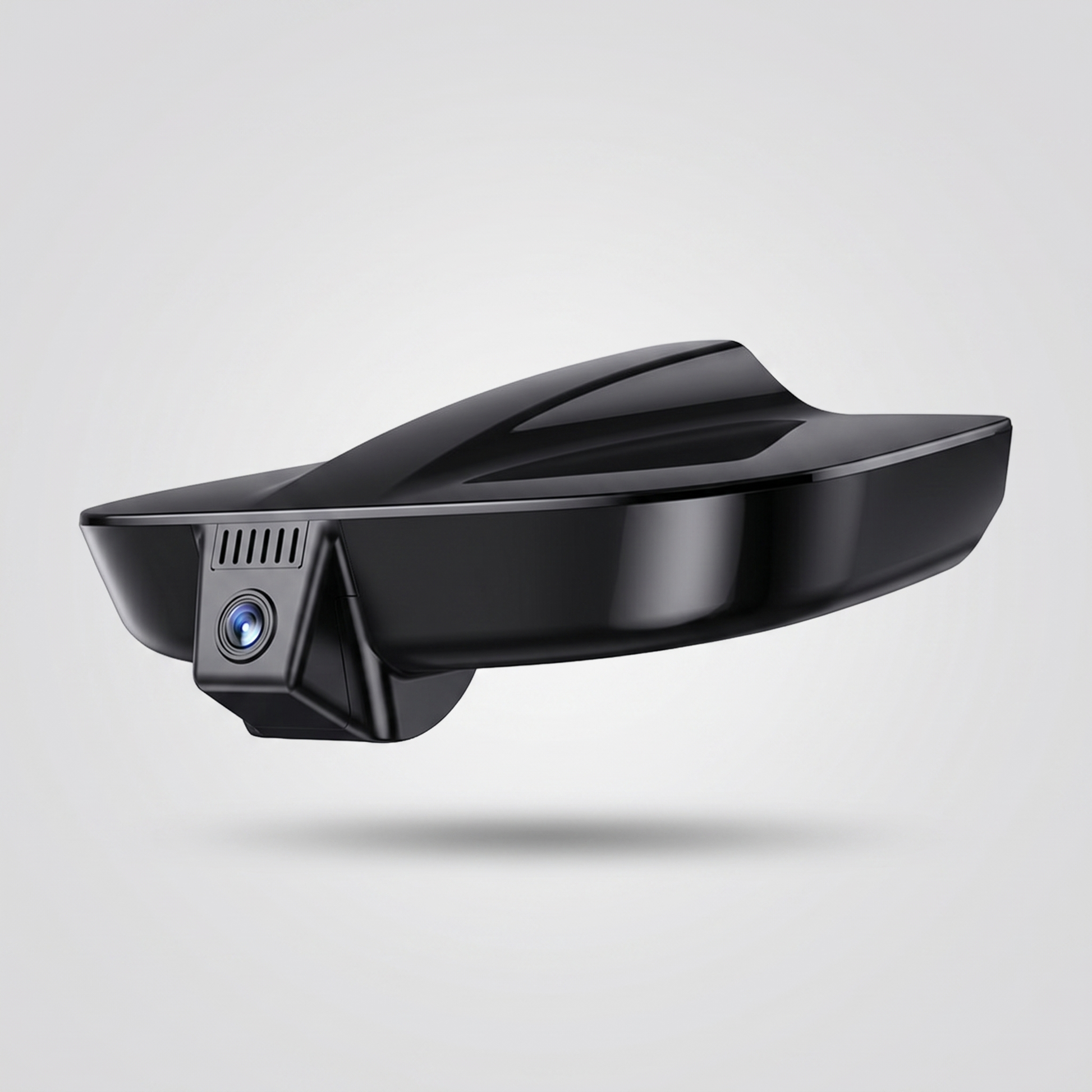 4K dash camera glossy black body with blue tinted lens on neutral studio background