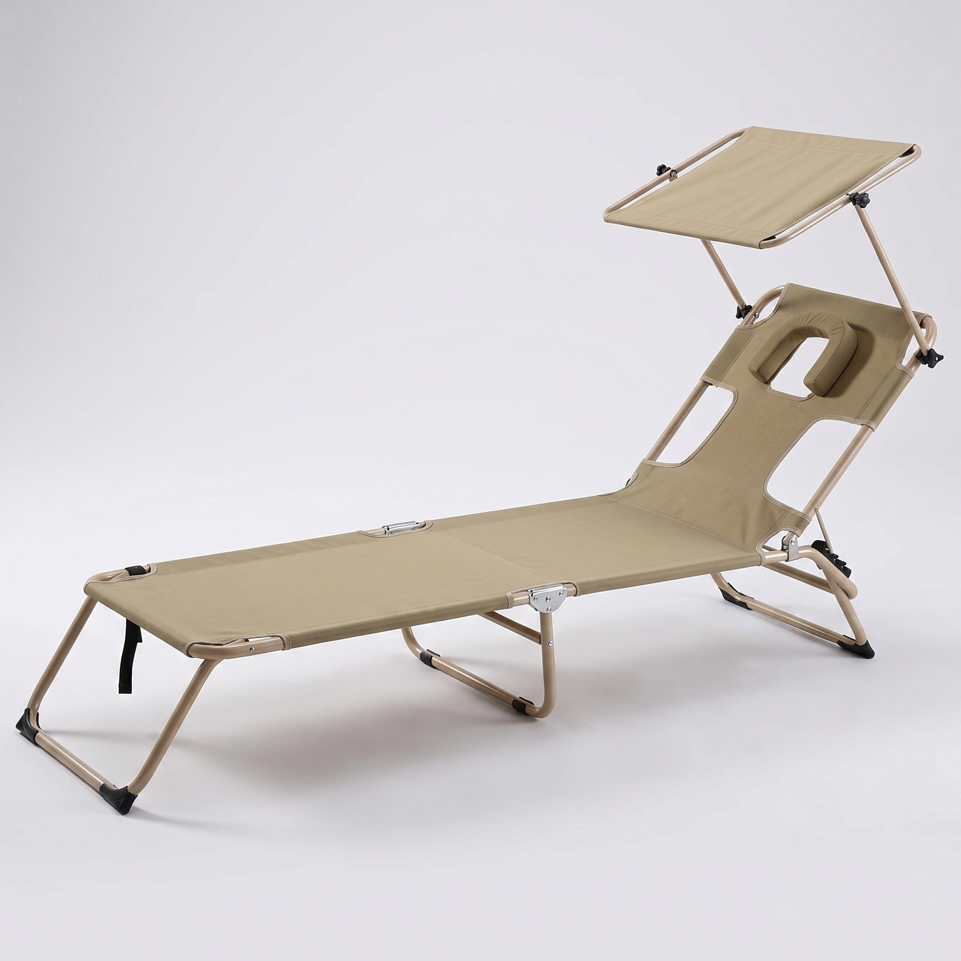 Adjustable foldable sun lounger in khaki Oxford cloth with overhead canopy and face hole, studio view