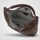 Open interior of the leather tote showing the pin stripe polyester lining and inner pockets