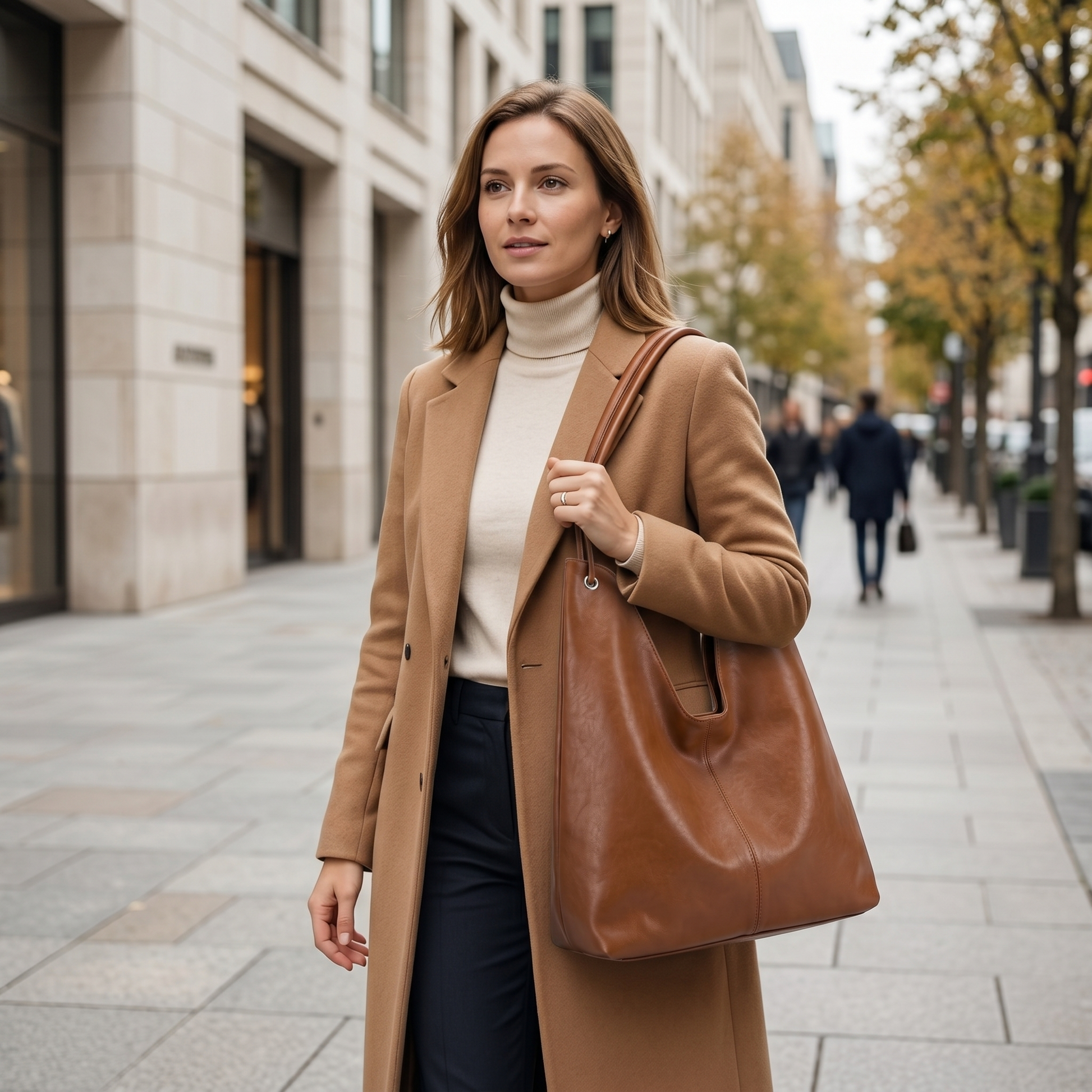 Woman carrying the walnut leather tote on her shoulder while walking in the city
