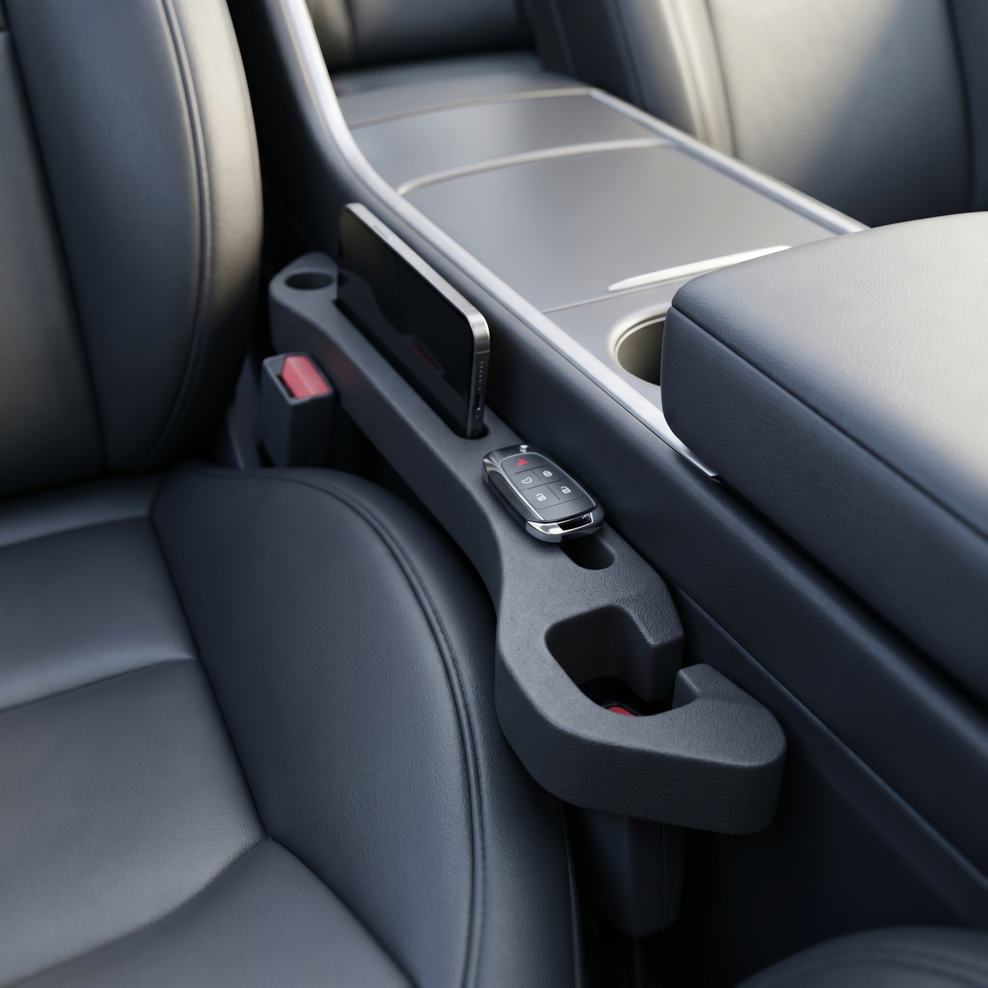 Gap filler wedged into the car seat gap holding a phone and keys within reach