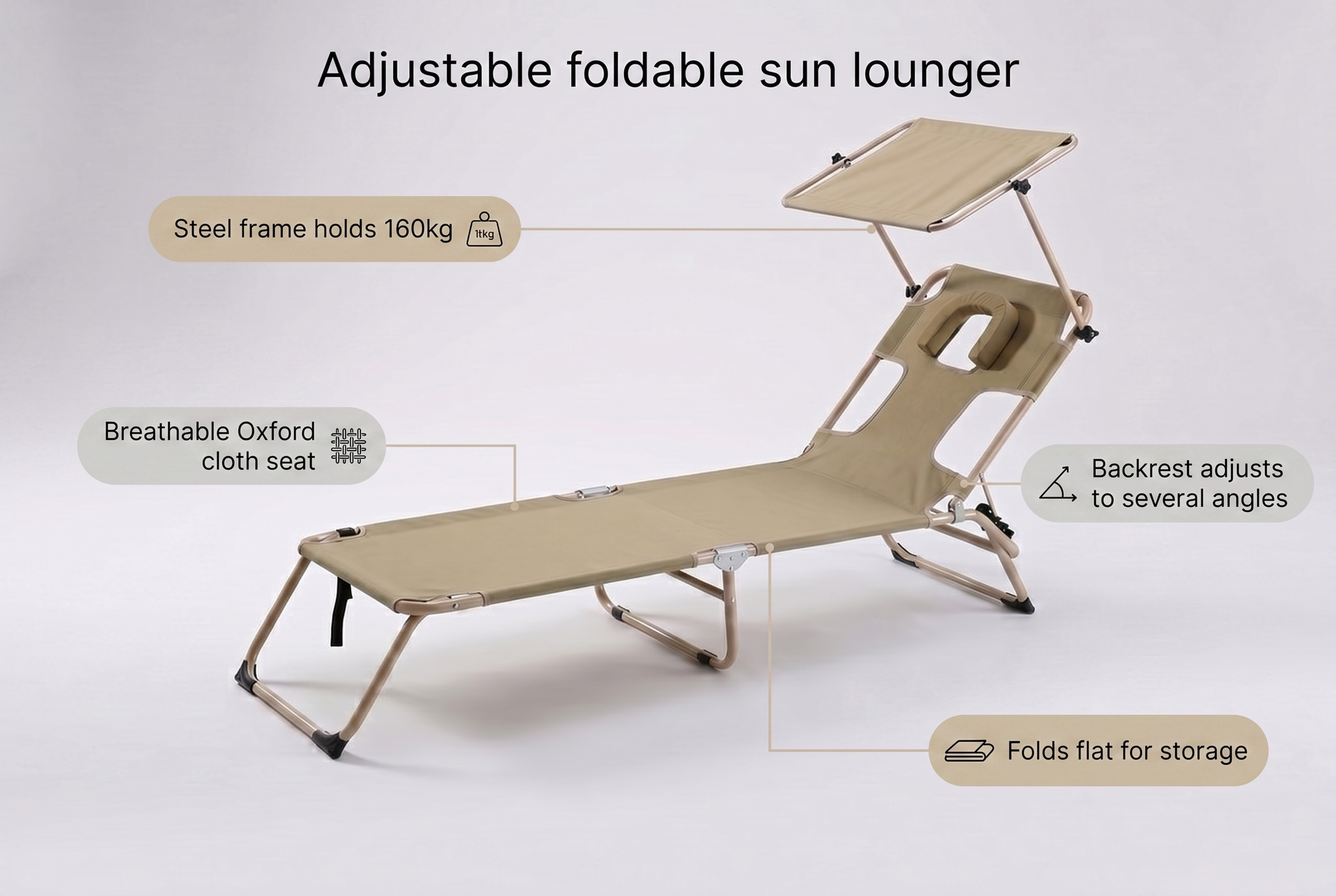 Sun lounger features steel frame holds 160kg, Oxford cloth seat, adjustable backrest, folds flat