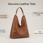 Leather tote feature overview, genuine first layer cowhide, single shoulder strap, soft bucket shape, 43 by 14 by 40 cm