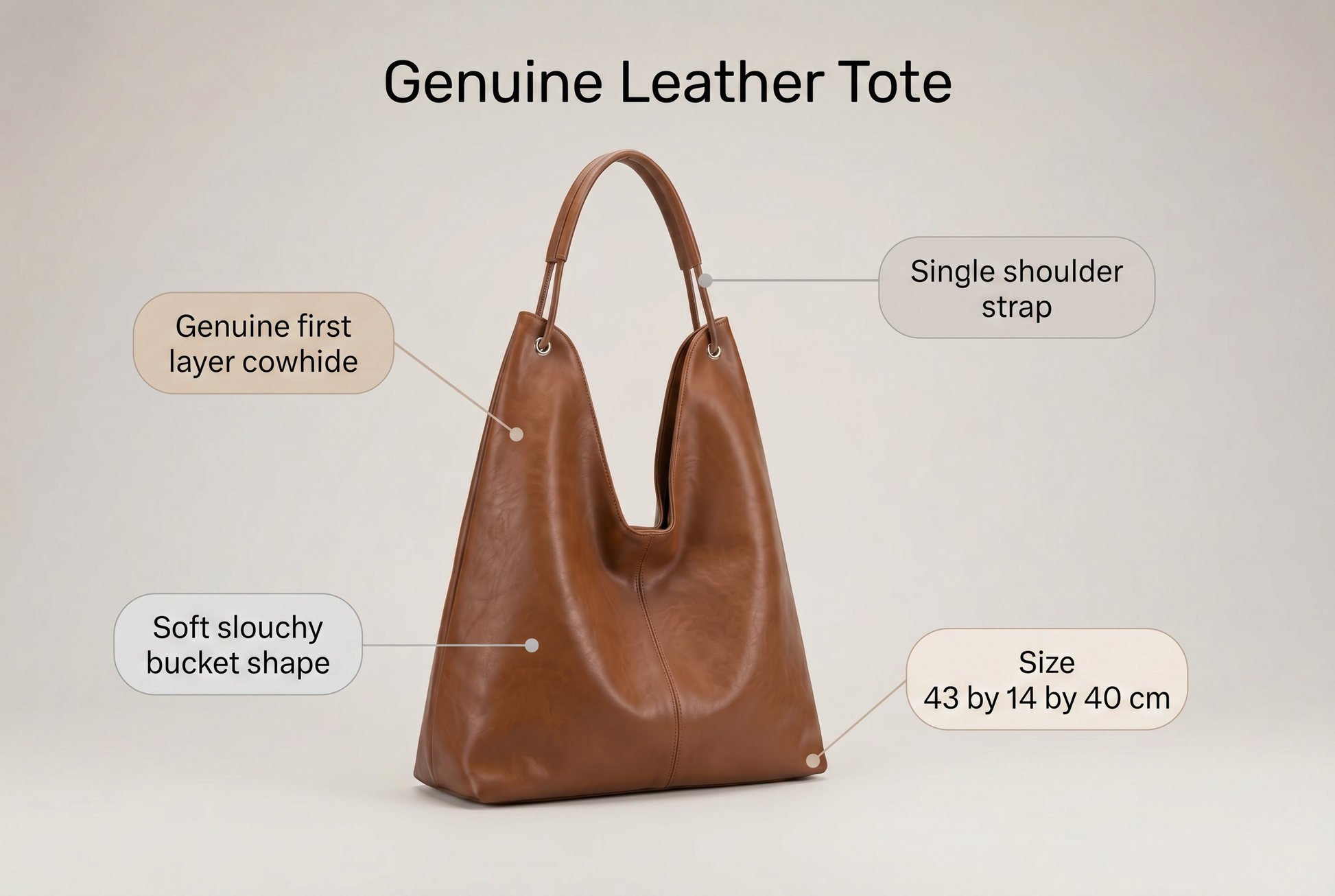 Leather tote feature overview, genuine first layer cowhide, single shoulder strap, soft bucket shape, 43 by 14 by 40 cm