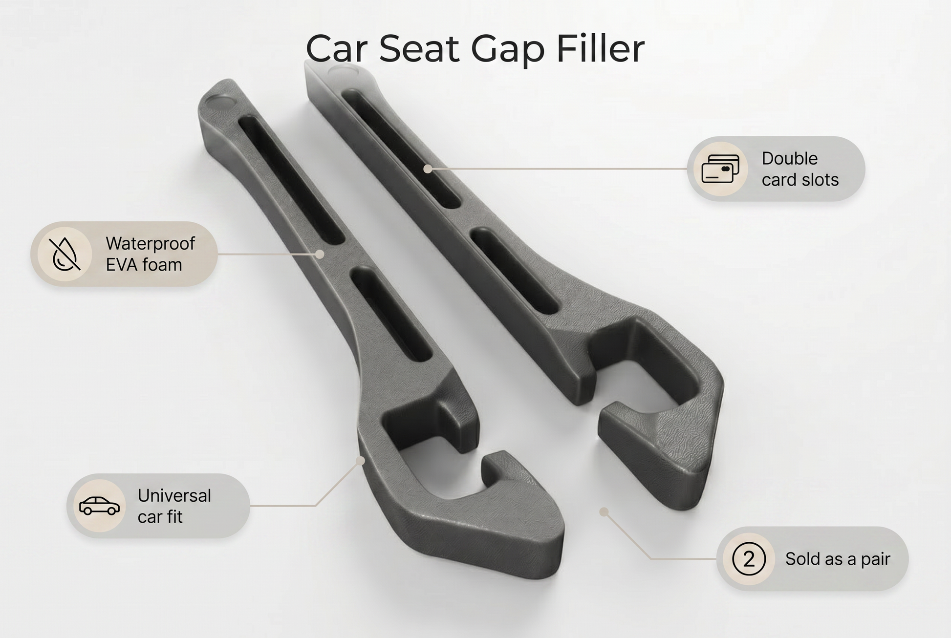 Car seat gap filler features, waterproof EVA foam, double card slots, universal car fit, sold as a pair