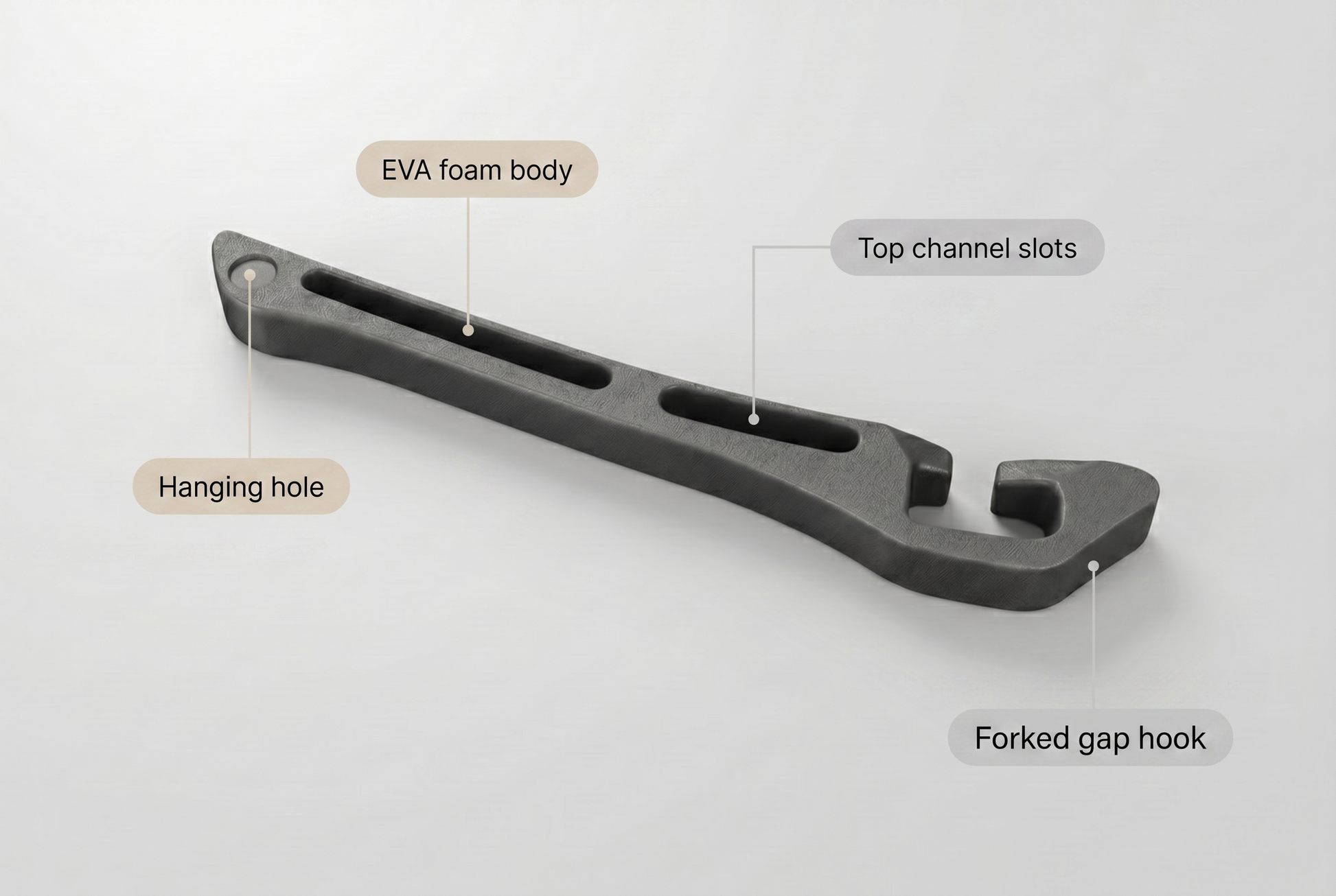 Gap filler parts, EVA foam body, top channel slots, hanging hole, forked gap hook