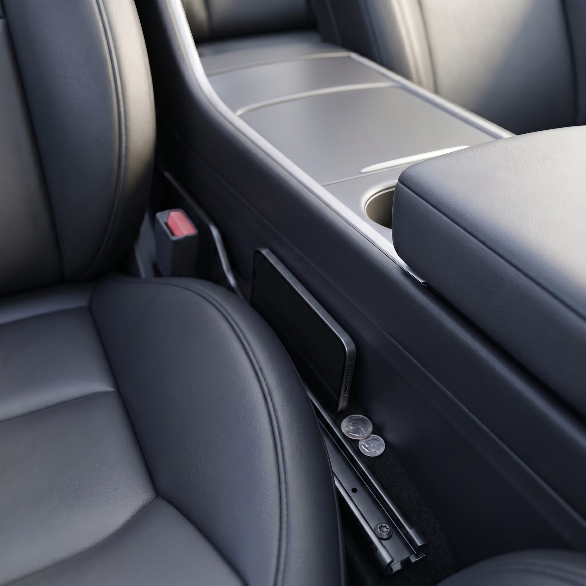 Open car seat gap with a phone and coins slipped down out of reach