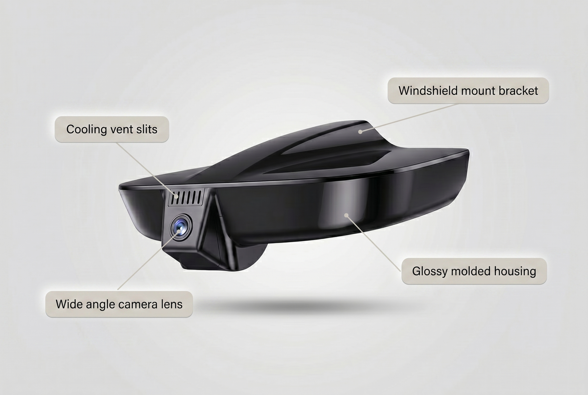 Dash camera parts: wide angle lens, cooling vent slits, glossy housing, windshield mount bracket