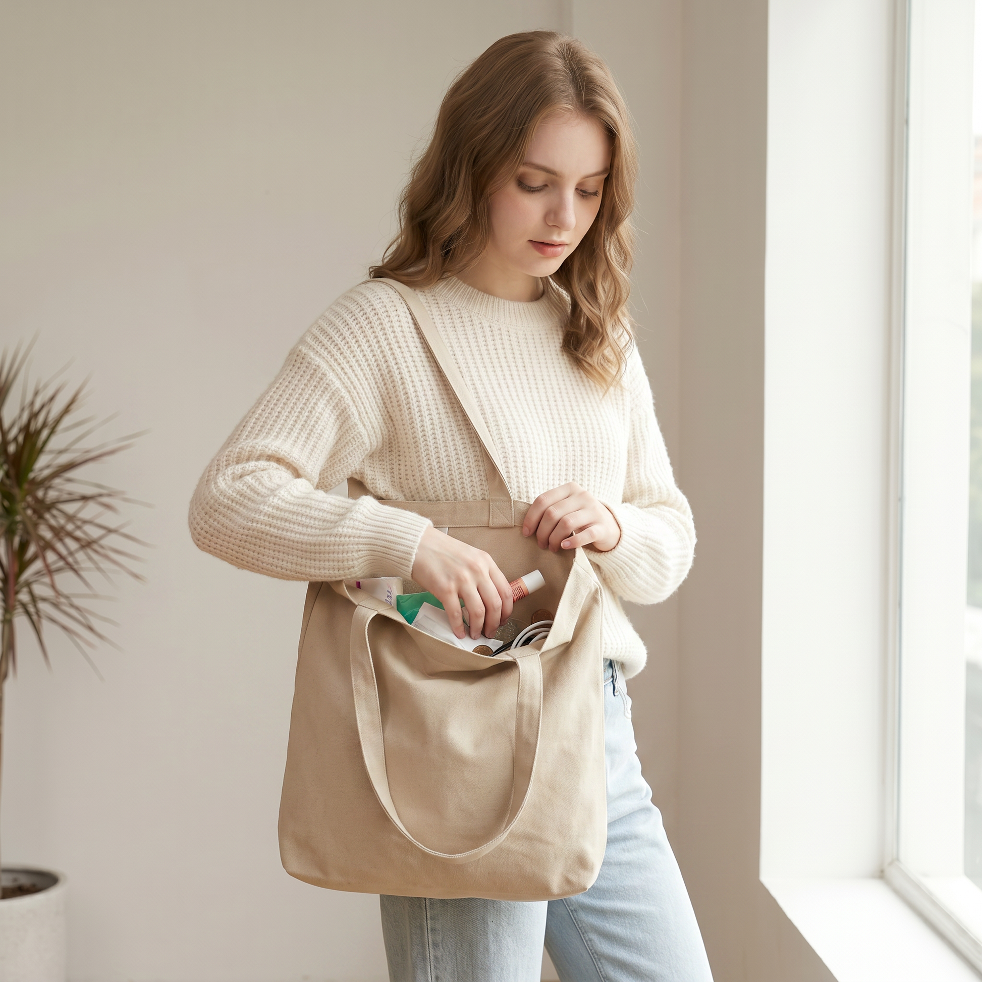 Woman searching for a small item lost at the bottom of a plain ordinary tote bag