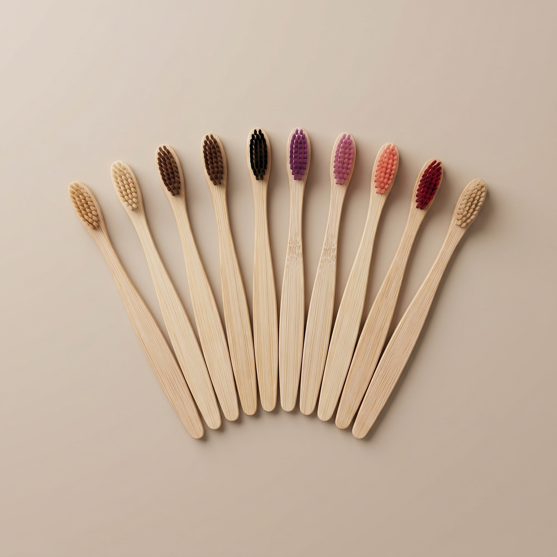 Full set of ten bamboo toothbrushes with assorted soft bristle colours