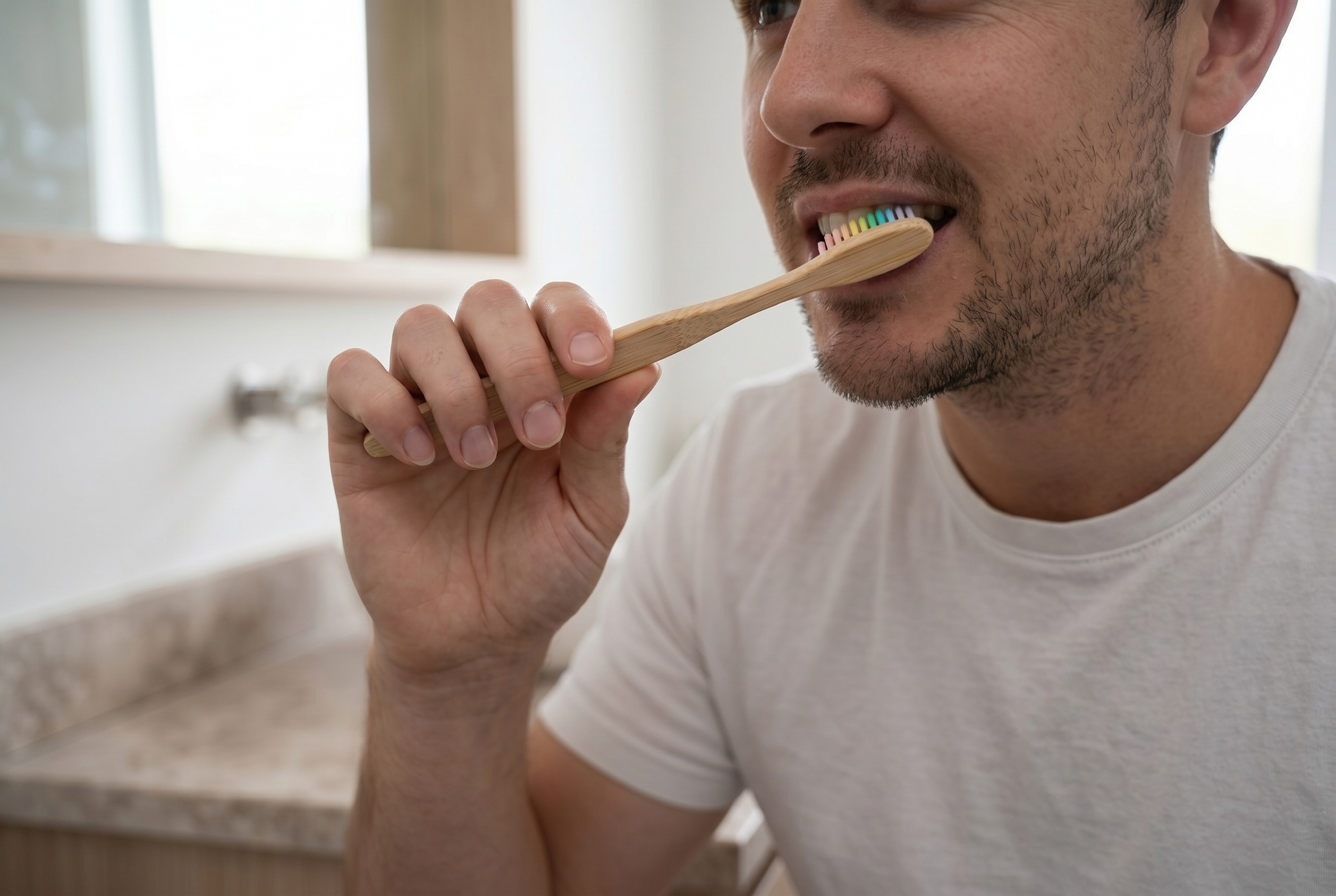 A person brushing teeth with a soft bristled bamboo toothbrush