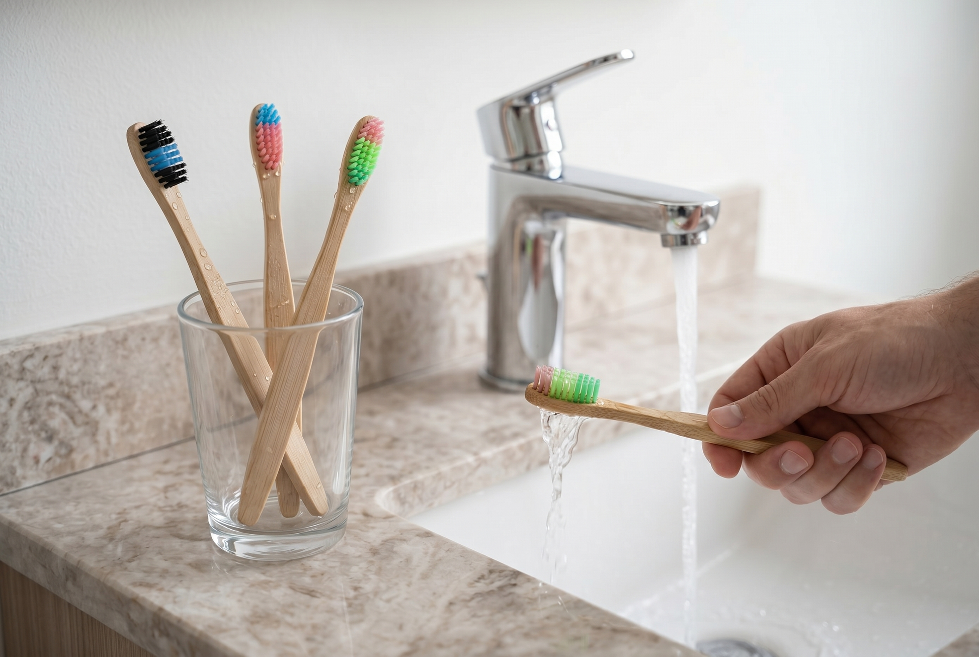 A hand rinsing a bamboo toothbrush while others stand drying in a cup