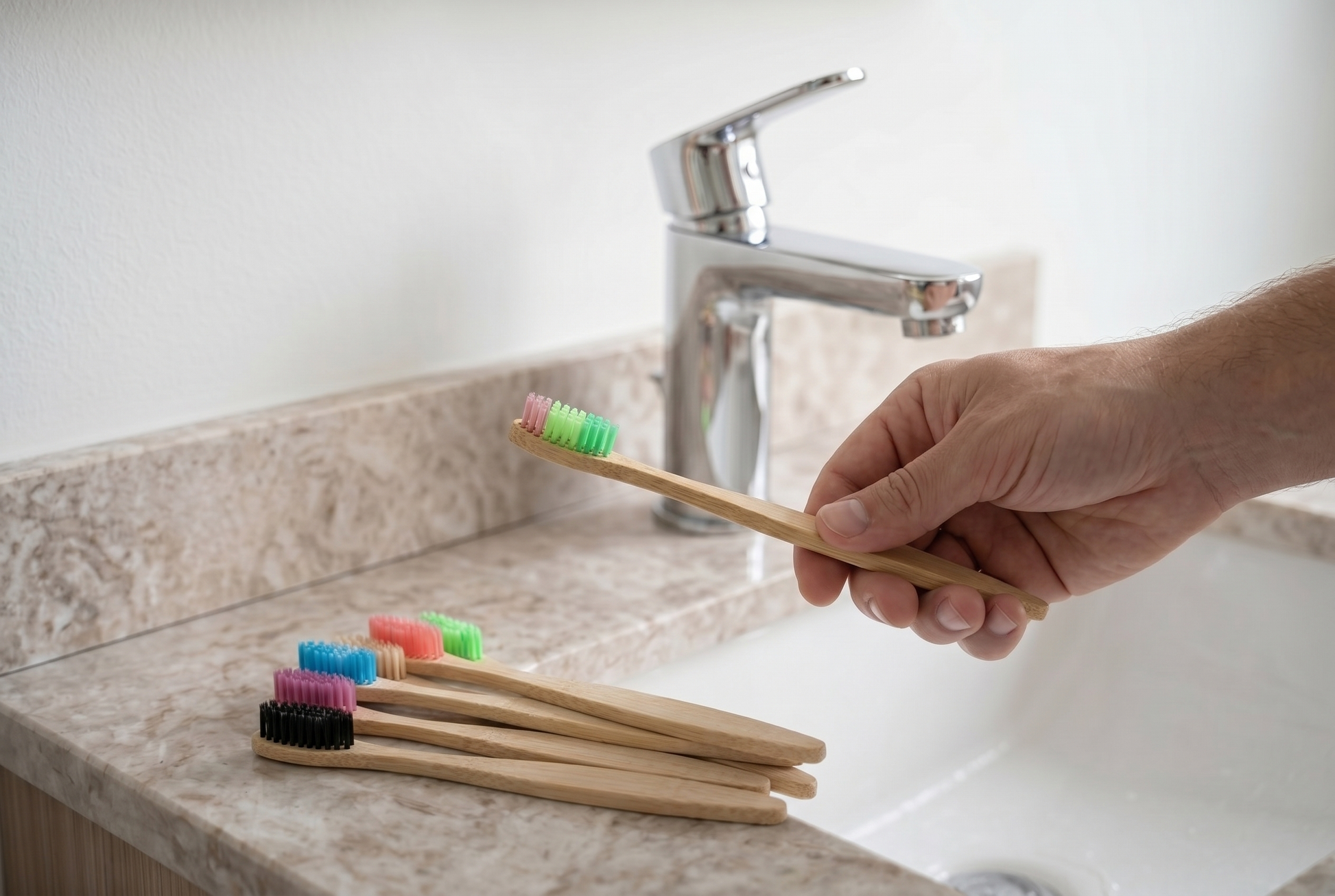 A hand taking a fresh bamboo toothbrush from the remaining brushes of the set