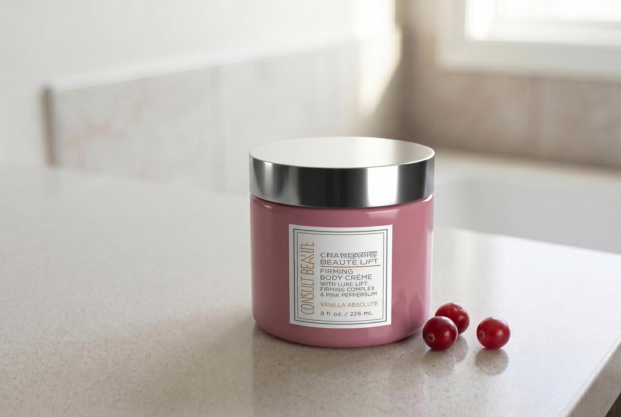 Champagne firming body cream jar tidy and fresh on a clean bathroom surface